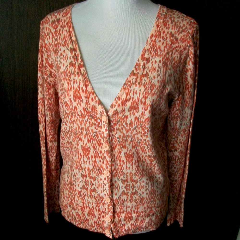 Merona Rust Orange Animal Print Knit Button Front Cardigan Sweater Sz L
